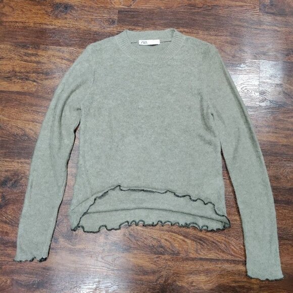 ZARA Wool Alpaca Blend Lightweight Base Layer Ruffled Hem Sweater Women's Small - Picture 4 of 10
